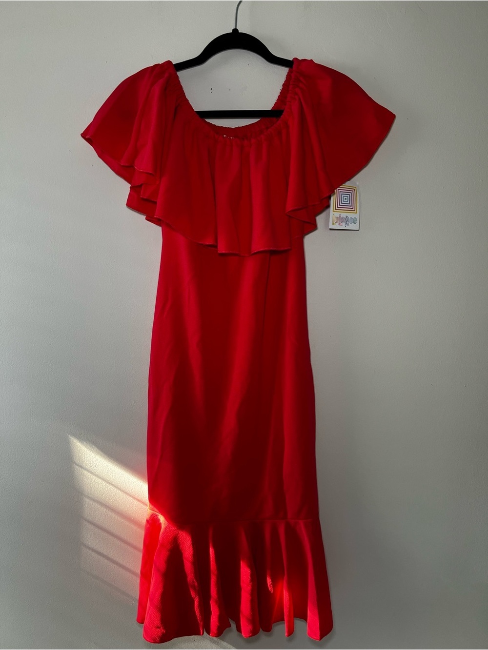 LuLaRoe Cici Red Ruffle Off-Shoulder Midi Dress